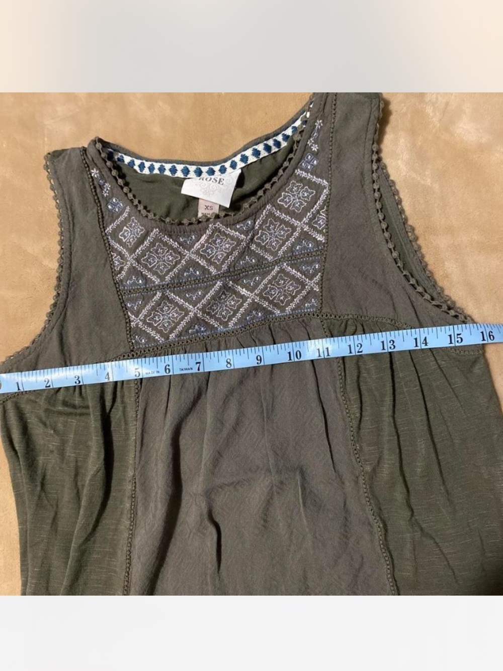 Knox Rose Olive Embroidered Bib Tank Sz XS